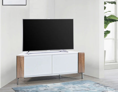 MDA Designs CORVUS 120cm Gloss White Corner TV Stand with Walnut Profiles & BeamThru Doors Fits TVs up to 50"