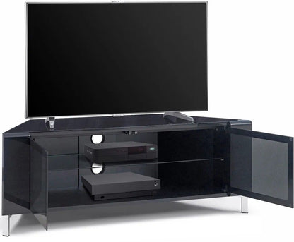 MDA Designs CORVUS gloss black corner TV cabinet with BeamThru doors open showing games console storage