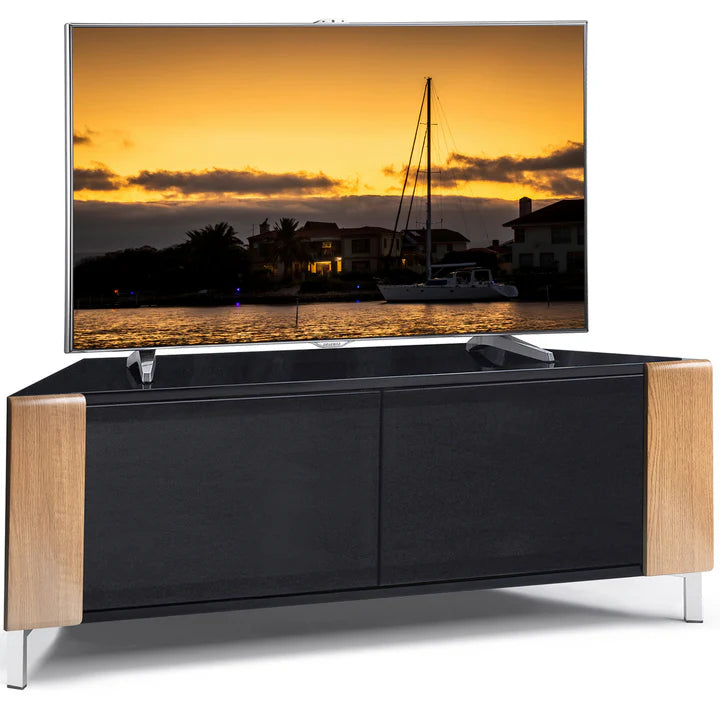 CORVUS oak and gloss black corner TV unit in modern living room