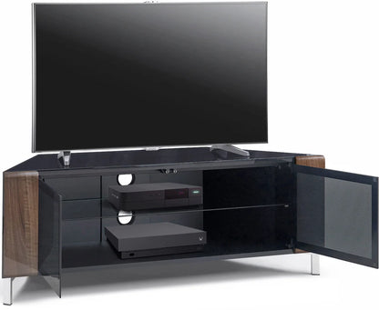 MDA Designs CORVUS 120cm Gloss Black Corner TV Stand with Walnut Profiles & BeamThru Doors Fits TVs up to 50"