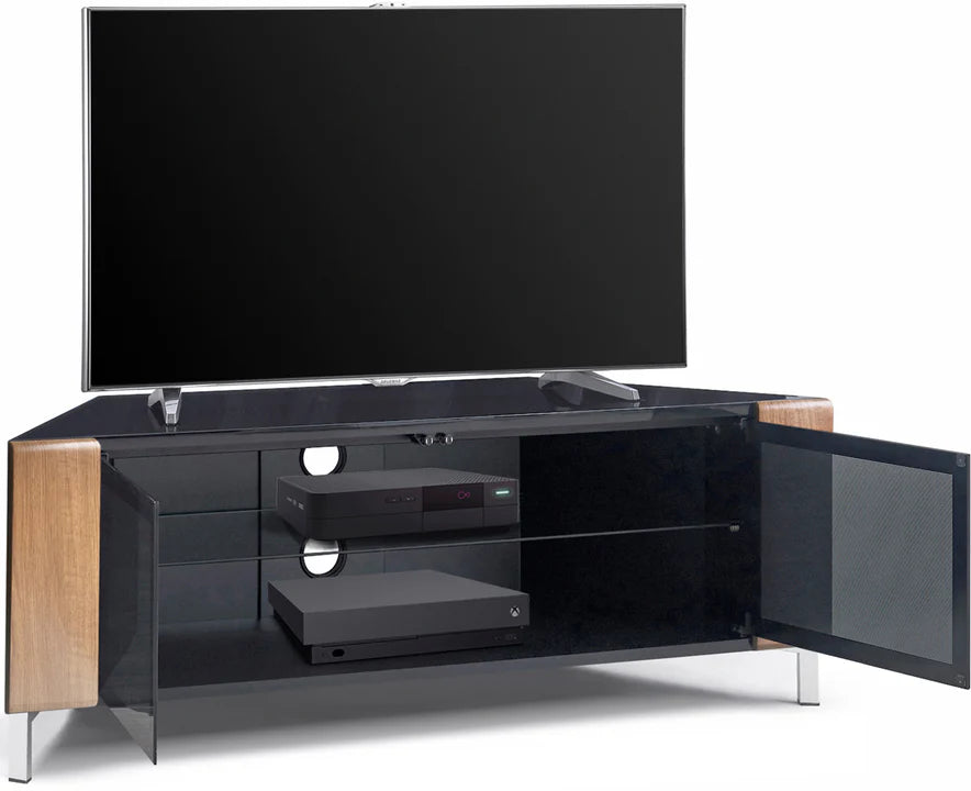 CORVUS corner TV cabinet with BeamThru glass doors open and media storage shelves