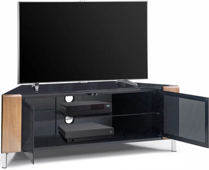 CORVUS corner TV cabinet with BeamThru glass doors open and media storage shelves