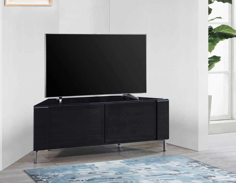 MDA Designs CORVUS corner-friendly gloss black TV cabinet with BeamThru speaker-friendly doors