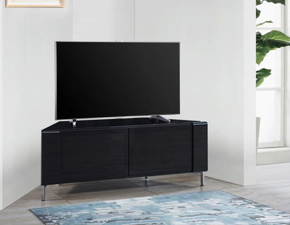 MDA Designs CORVUS corner-friendly gloss black TV cabinet with BeamThru speaker-friendly doors