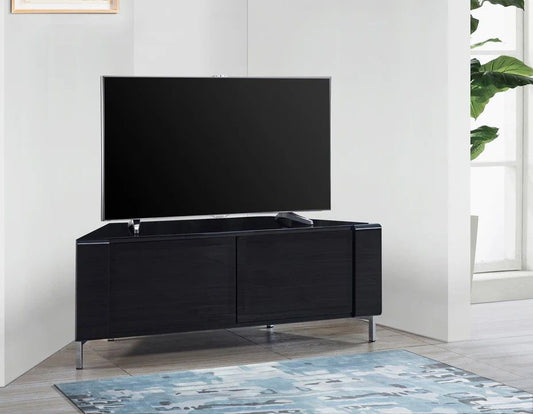 MDA Designs CORVUS corner-friendly gloss black TV cabinet with BeamThru speaker-friendly doors