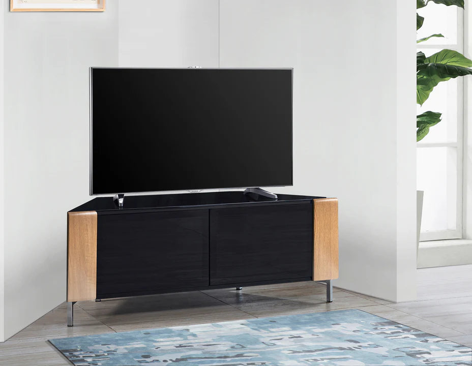 MDA Designs CORVUS gloss black corner TV stand with oak side panels for TVs up to 50 inch