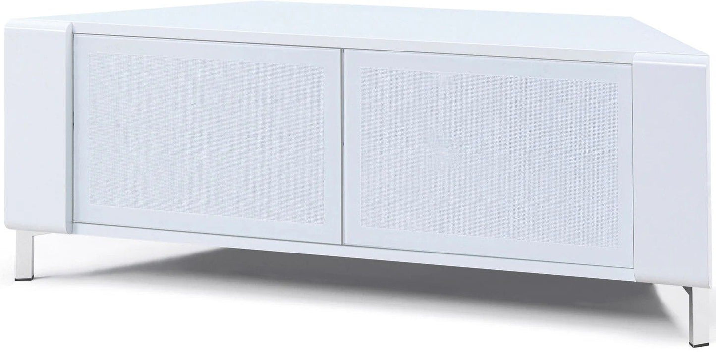 CORVUS gloss white TV stand front view with BeamThru doors