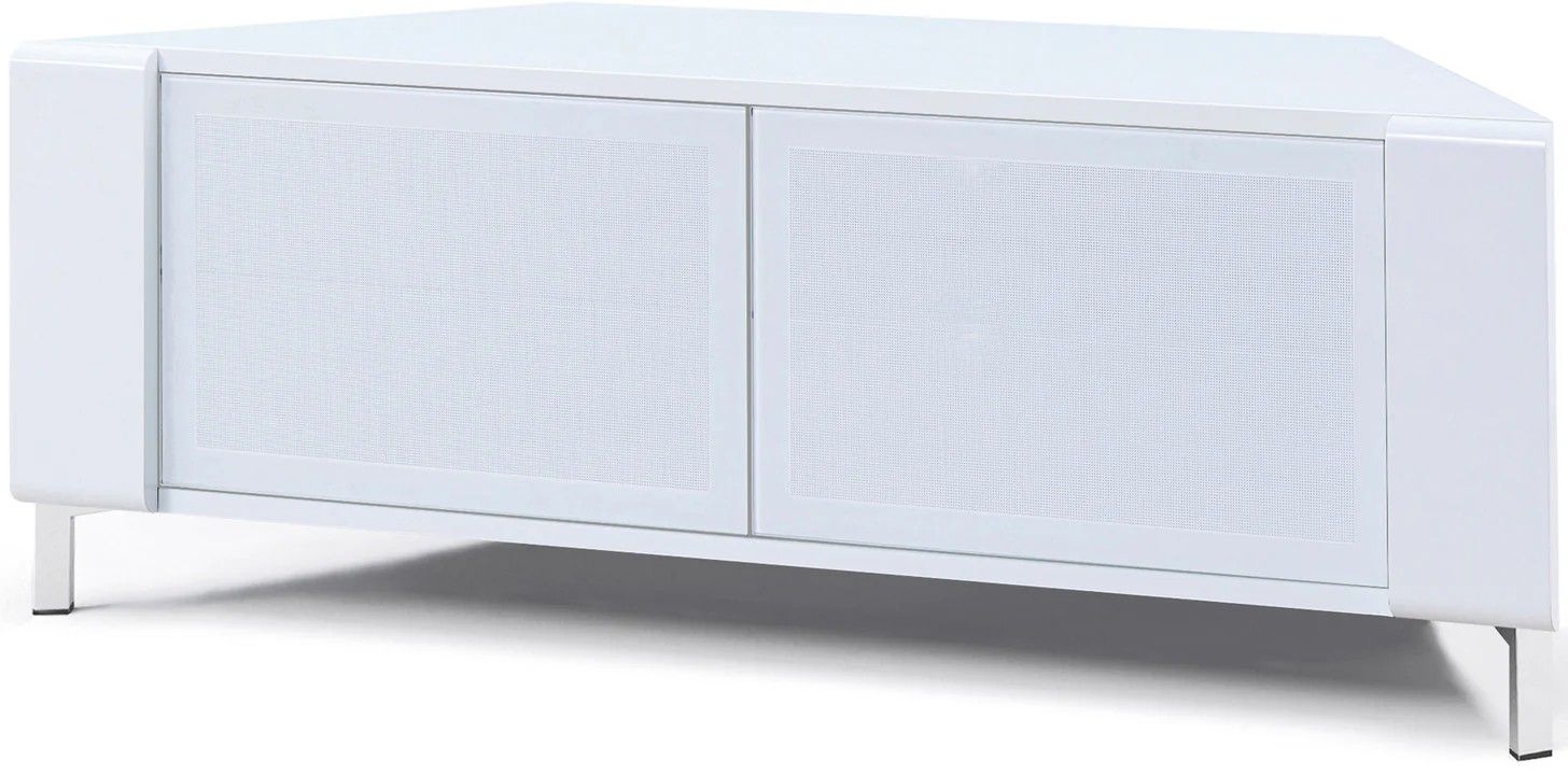 CORVUS gloss white TV stand front view with BeamThru doors