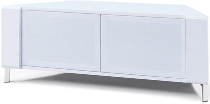 CORVUS gloss white TV stand front view with BeamThru doors