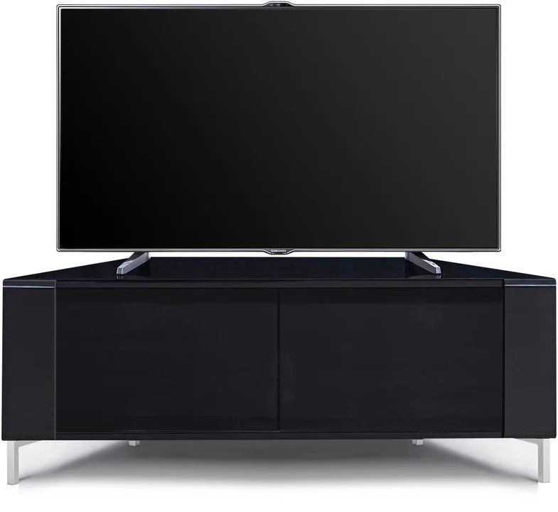 Space-saving CORVUS corner TV unit in modern living room with gloss black finish and chrome legs
