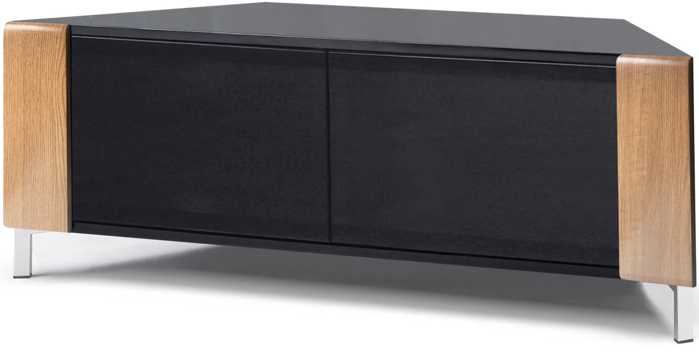 Black and oak CORVUS corner-friendly TV stand with BeamThru speaker-friendly doors