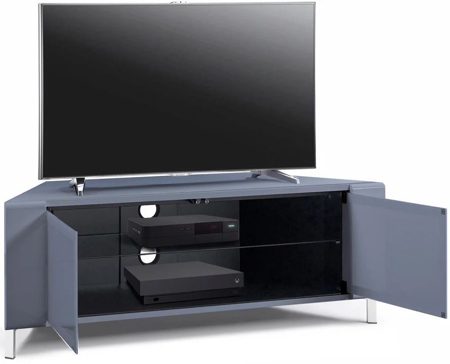 Front view of CORVUS gloss grey TV stand with closed BeamThru doors