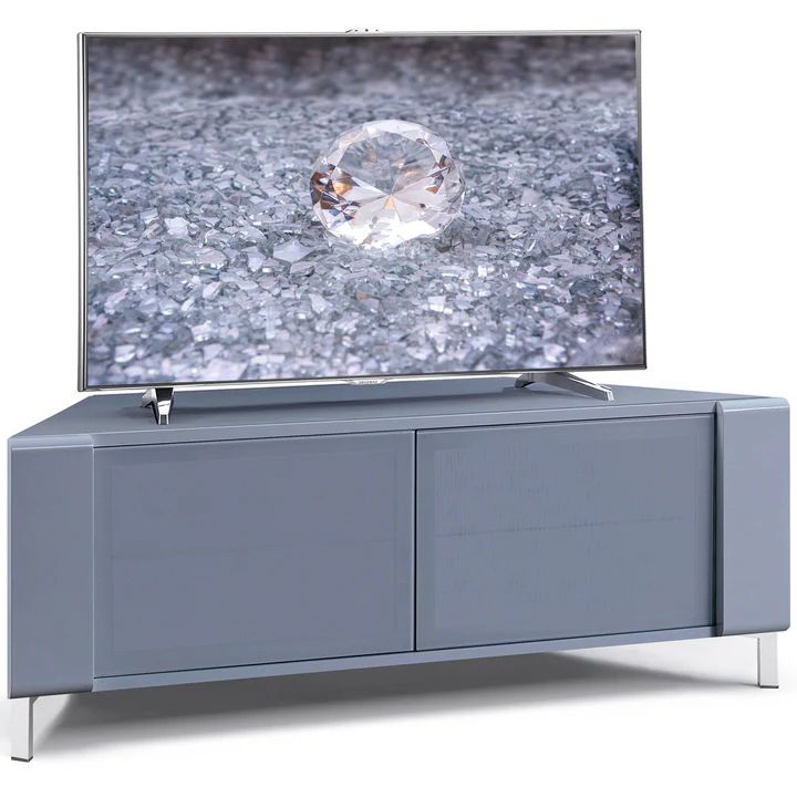 Side angle of gloss grey CORVUS corner TV cabinet with chrome legs