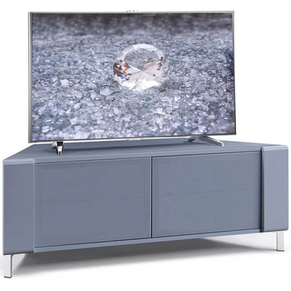 Side angle of gloss grey CORVUS corner TV cabinet with chrome legs