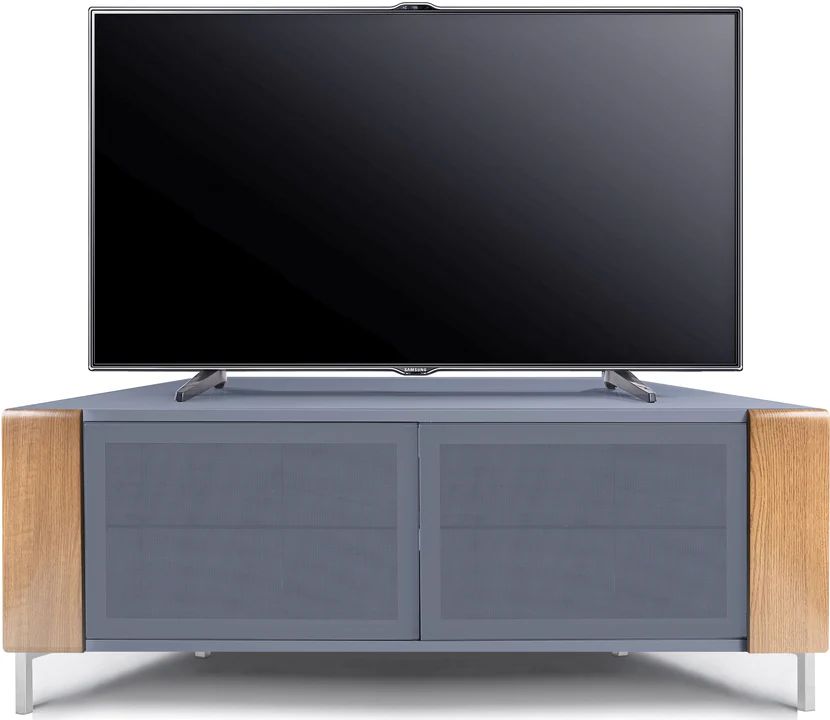 CORVUS gloss grey corner TV stand with oak profiles and internal media storage