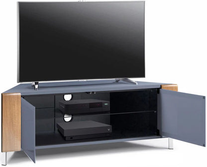 Side view of gloss grey CORVUS corner TV cabinet with oak accents and chrome legs
