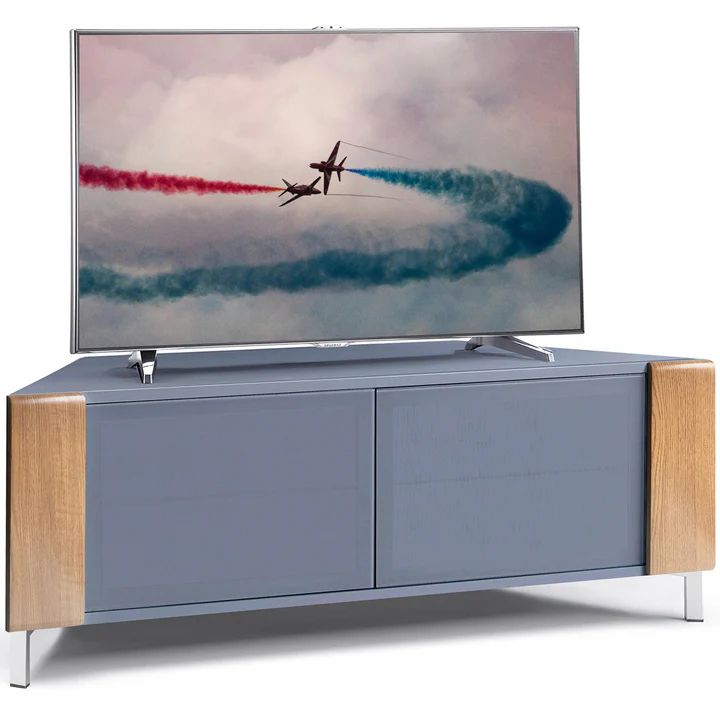 Front view CORVUS gloss grey oak TV stand suitable for flat screen TVs up to 50 inch