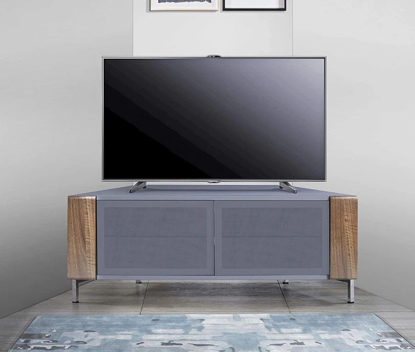 Gloss grey CORVUS corner TV stand with walnut side panels for 50 inch TVs