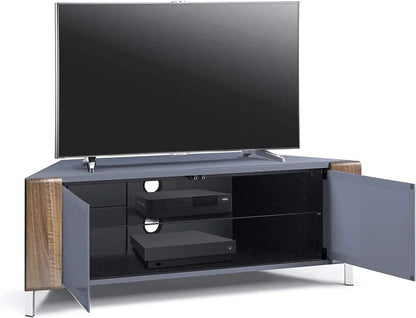 Modern CORVUS gloss grey and walnut corner TV unit styled in a contemporary living room
