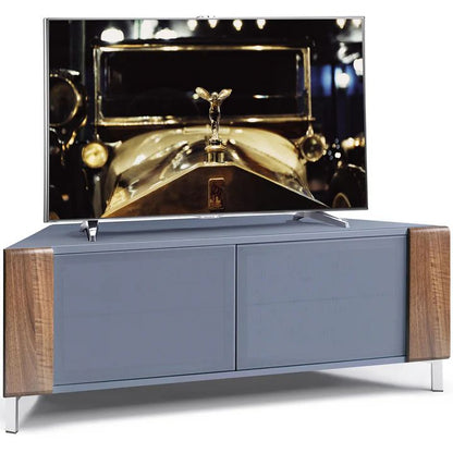 CORVUS gloss grey corner TV cabinet with walnut profiles and internal media storage