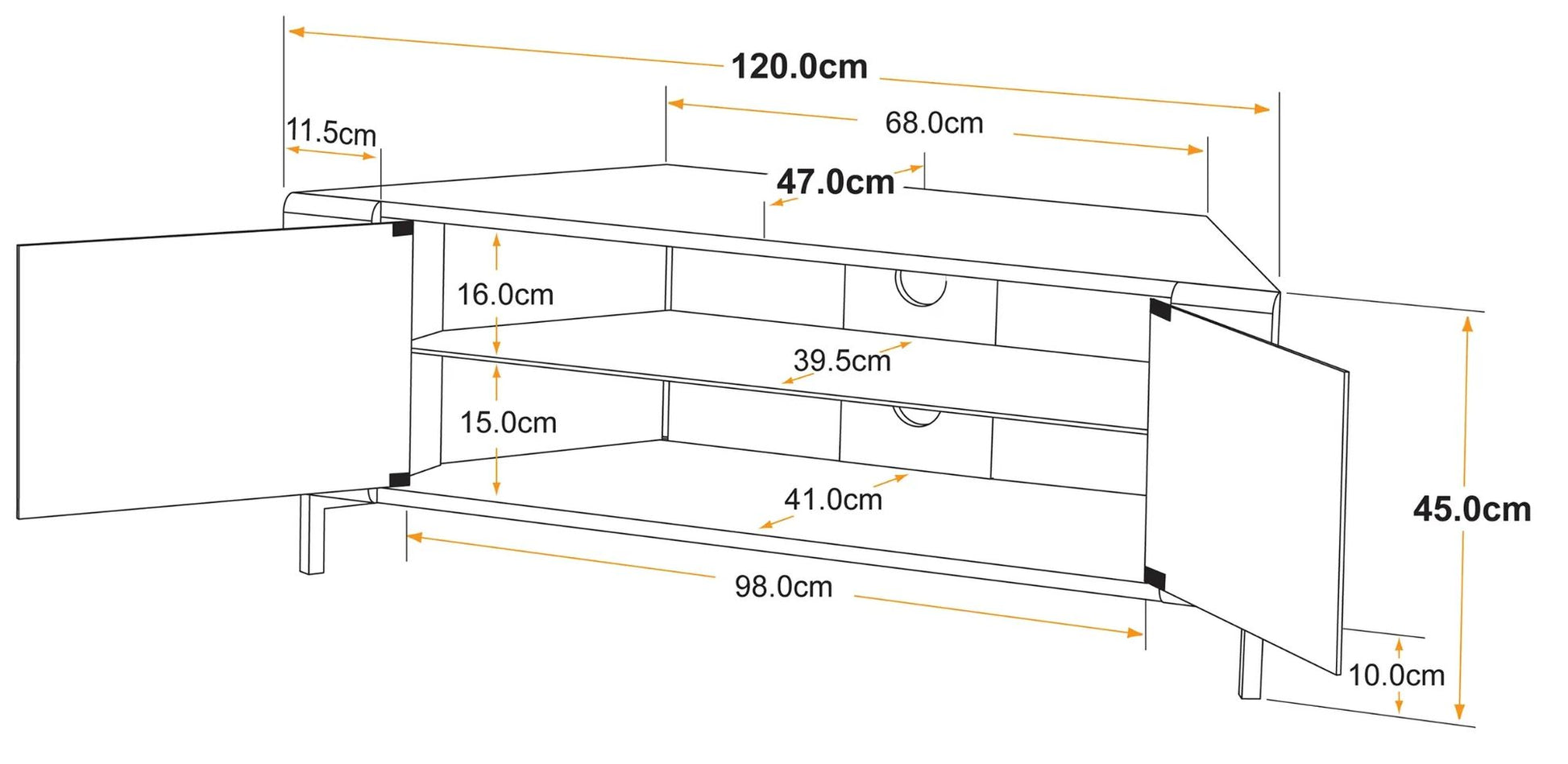 MDA Designs CORVUS 120cm Gloss White Corner TV Stand with Walnut Profiles & BeamThru Doors Fits TVs up to 50"