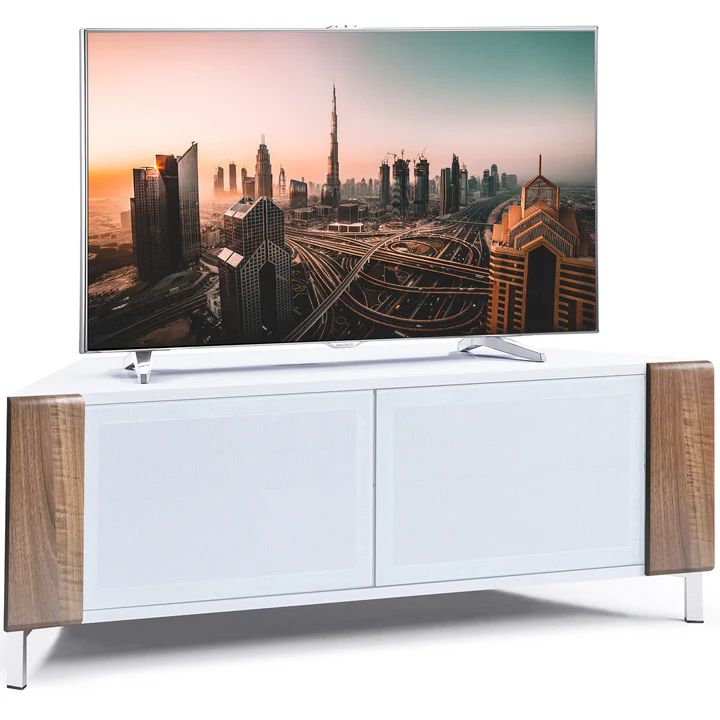 MDA Designs CORVUS 120cm Gloss White Corner TV Stand with Walnut Profiles & BeamThru Doors Fits TVs up to 50"