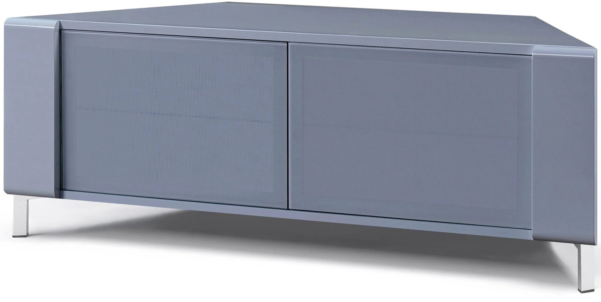 Modern gloss grey CORVUS corner TV cabinet styled in a contemporary living room