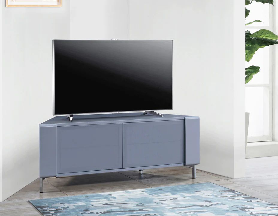 Gloss grey CORVUS corner TV stand front view for flat screen TVs up to 50 inch