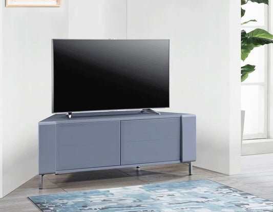 Gloss grey CORVUS corner TV stand front view for flat screen TVs up to 50 inch