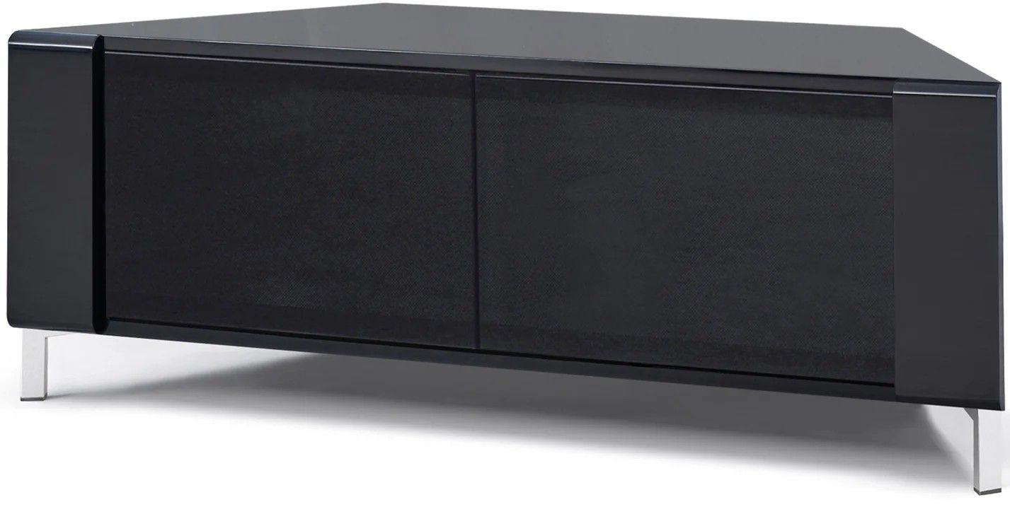 CORVUS modern gloss black corner TV stand with BeamThru glass doors for flat screen TVs up to 50 inches