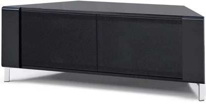 CORVUS modern gloss black corner TV stand with BeamThru glass doors for flat screen TVs up to 50 inches