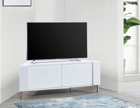 Gloss white CORVUS corner TV stand with BeamThru remote-friendly doors