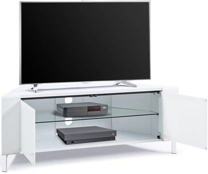 White corner TV unit with storage and closed BeamThru doors