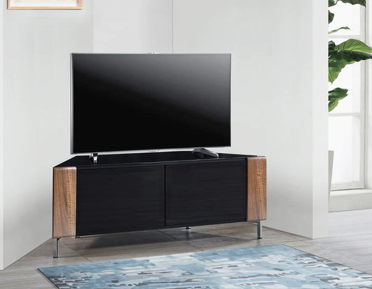 MDA Designs CORVUS 120cm Gloss Black Corner TV Stand with Walnut Profiles & BeamThru Doors Fits TVs up to 50"