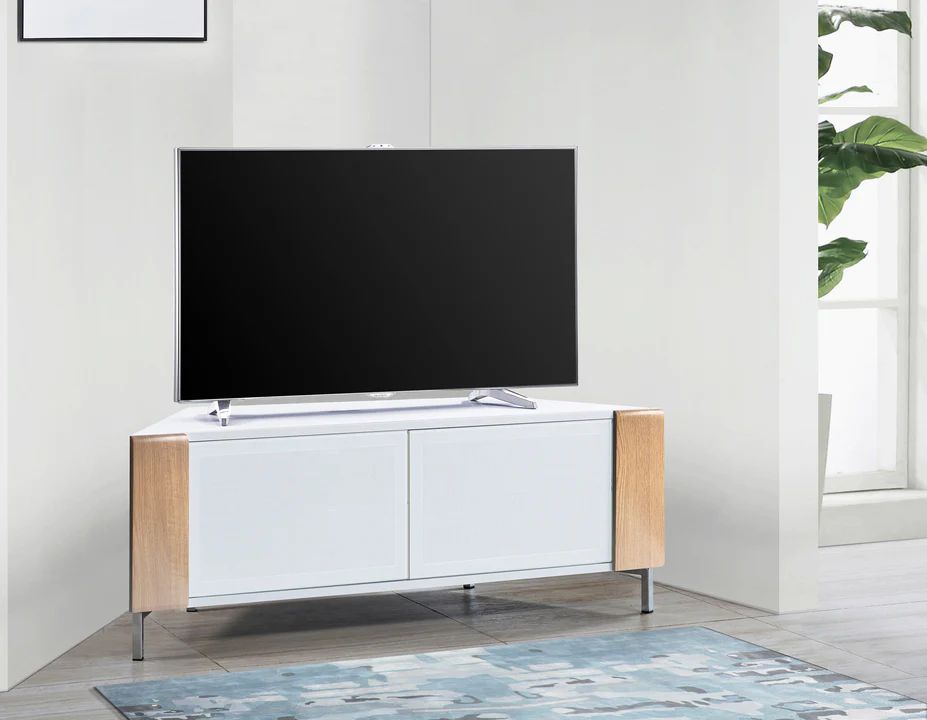 Modern white corner TV cabinet with oak ends and closed BeamThru doors