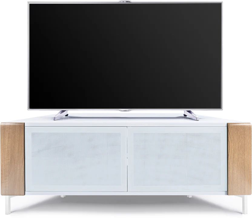 CORVUS gloss white and oak corner TV unit for flat screen TVs up to 50 inch