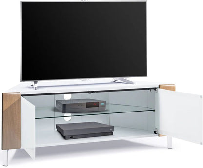 Gloss white CORVUS corner TV stand with oak panels and BeamThru doors open