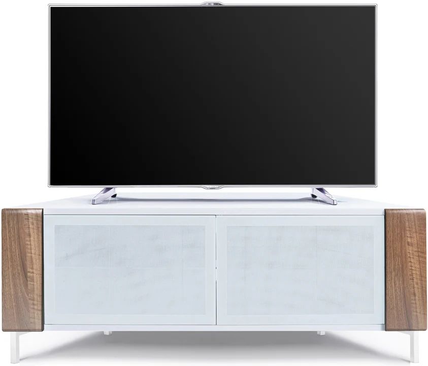 MDA Designs CORVUS 120cm Gloss White Corner TV Stand with Walnut Profiles & BeamThru Doors Fits TVs up to 50"
