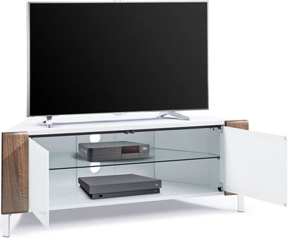 MDA Designs CORVUS 120cm Gloss White Corner TV Stand with Walnut Profiles & BeamThru Doors Fits TVs up to 50"