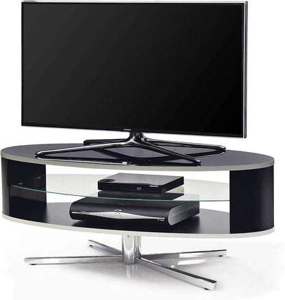 Oval gloss black TV stand with chrome pedestal base and clear glass shelf