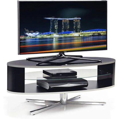 Front view of ORBIT 1100BB gloss black TV stand with elliptic sides and glass shelf