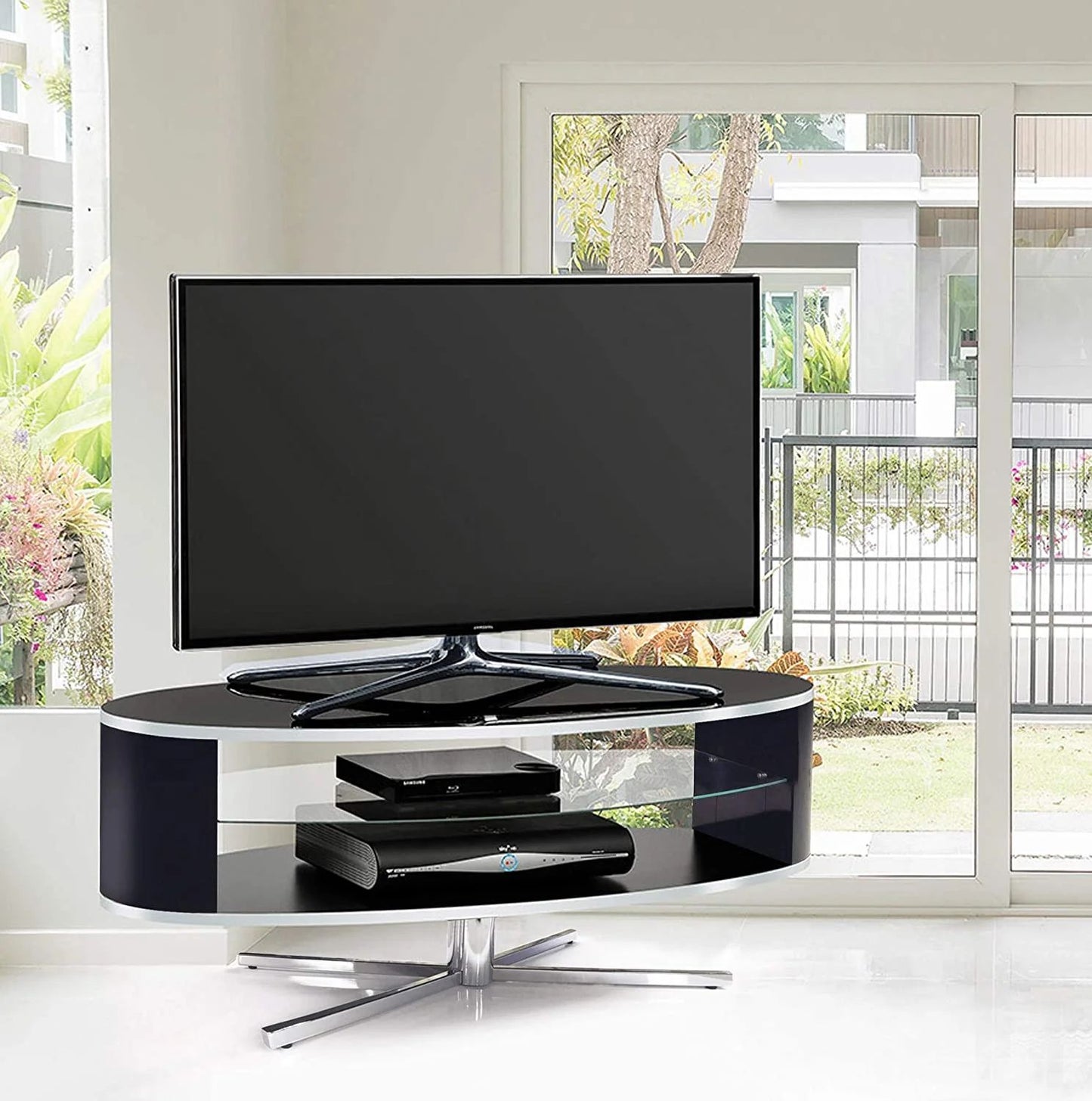 Gloss black ORBIT 1100BB TV stand with glass shelf for TVs up to 55 inch