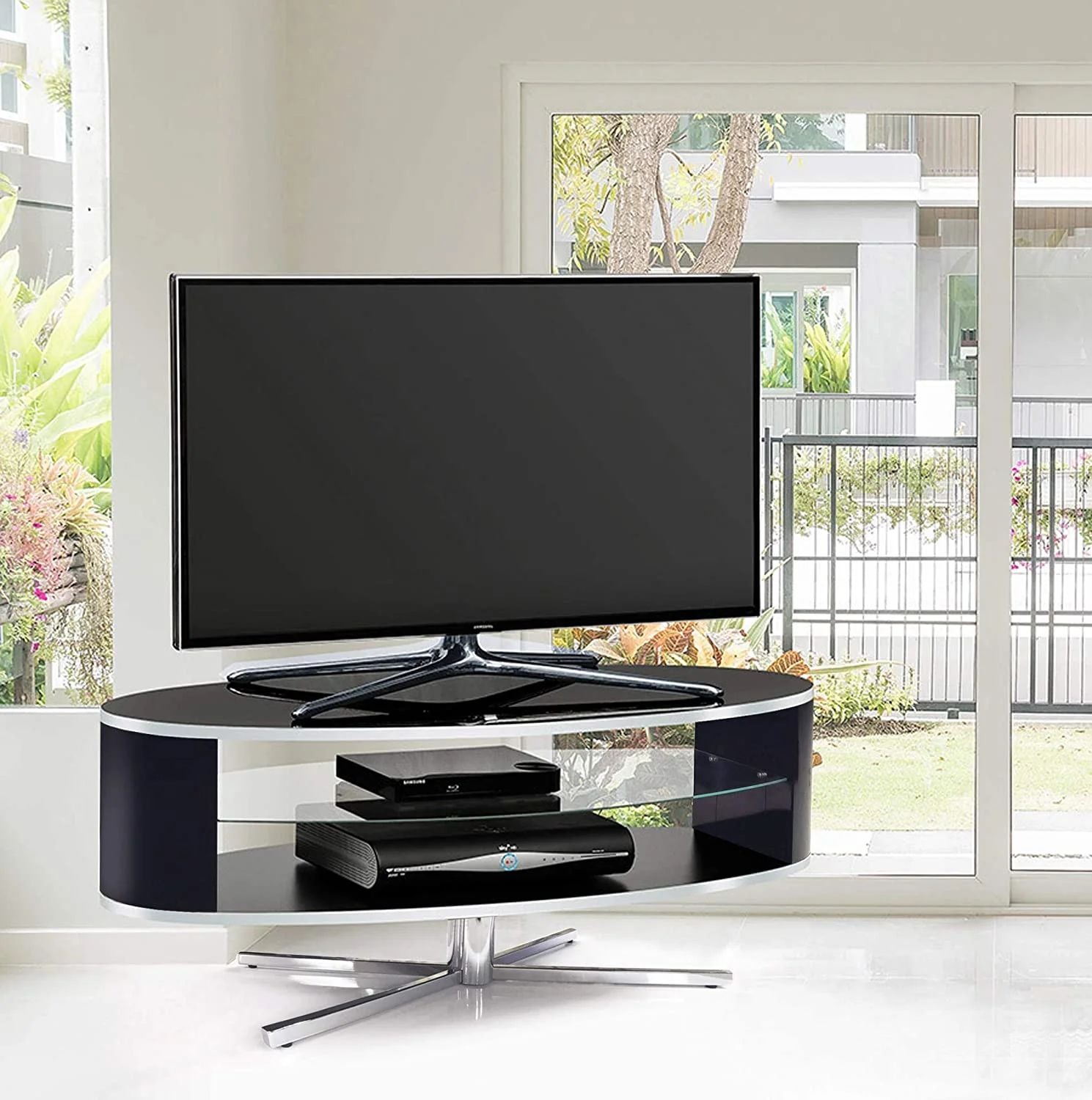 Gloss black ORBIT 1100BB TV stand with glass shelf for TVs up to 55 inch
