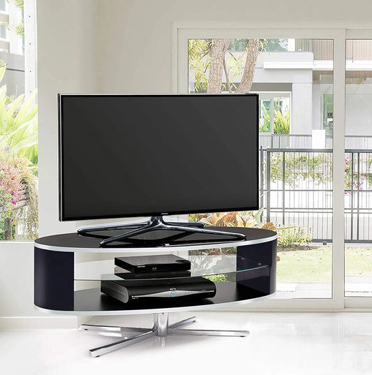 Gloss black ORBIT 1100BB TV stand with glass shelf for TVs up to 55 inch