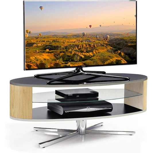 MDA Designs ORBIT 110cm Gloss Black TV Stand with Oak Elliptic Sides Fits TVs up to 55 Inch