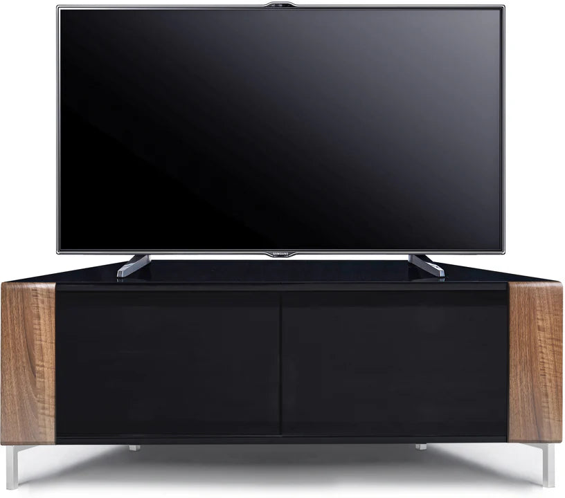MDA Designs CORVUS 120cm Gloss Black Corner TV Stand with Walnut Profiles & BeamThru Doors Fits TVs up to 50"